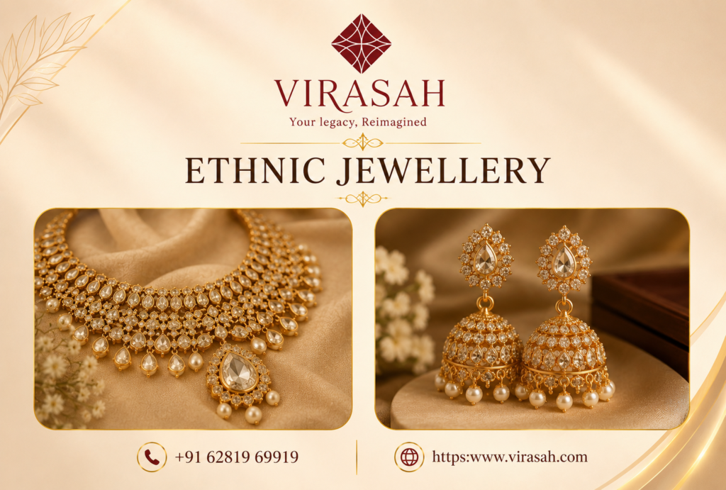 Elegant Ethnic Jewellery collection featuring traditional Indian necklaces, earrings, bangles, and bridal jewellery by Virasah