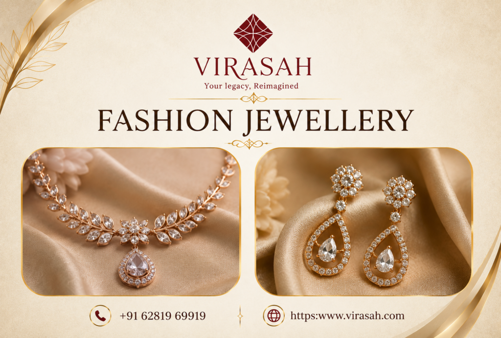 Elegant Fashion Jewellery collection featuring necklaces, earrings, bracelets, rings, and traditional accessories by Virasah
