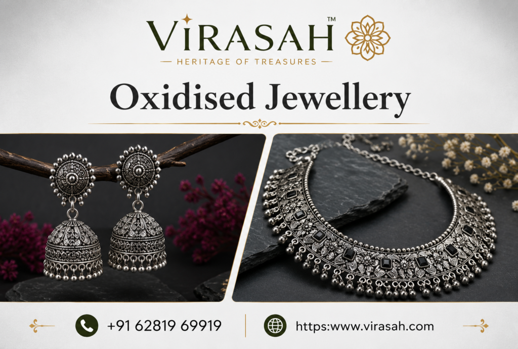 Elegant Oxidised Jewellery collection featuring antique silver necklaces, earrings, bangles, bracelets, and rings for women