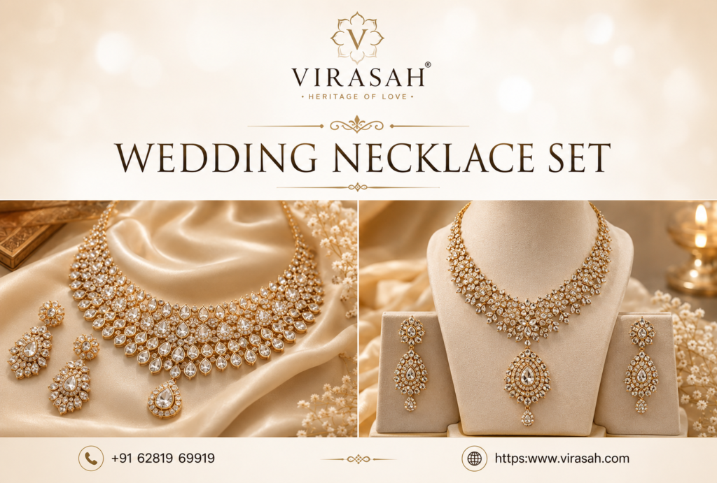 Elegant wedding necklace set with matching bridal earrings by Virasah