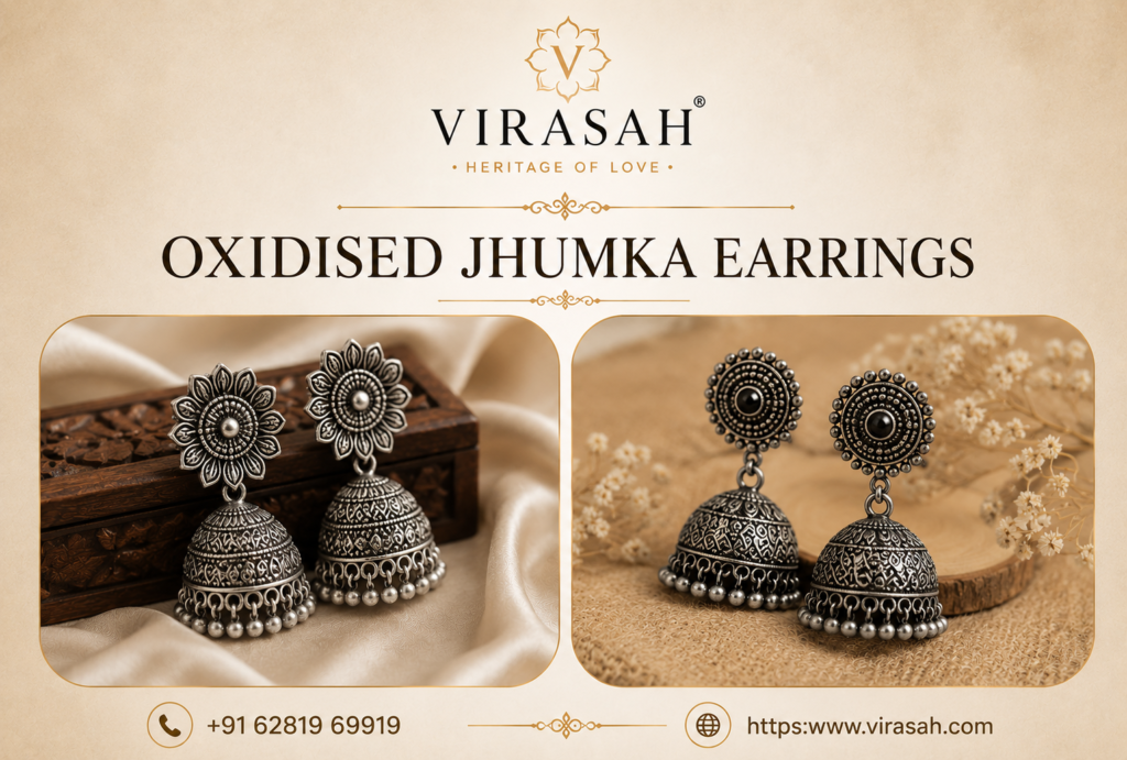 Beautiful oxidised jhumka earrings with intricate traditional craftsmanship by Virasah