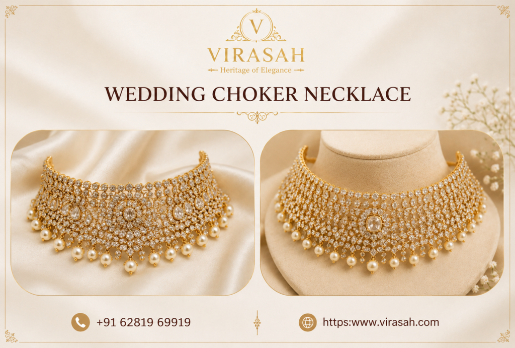 Luxury wedding choker necklace with intricate stones and pearl detailing for brides