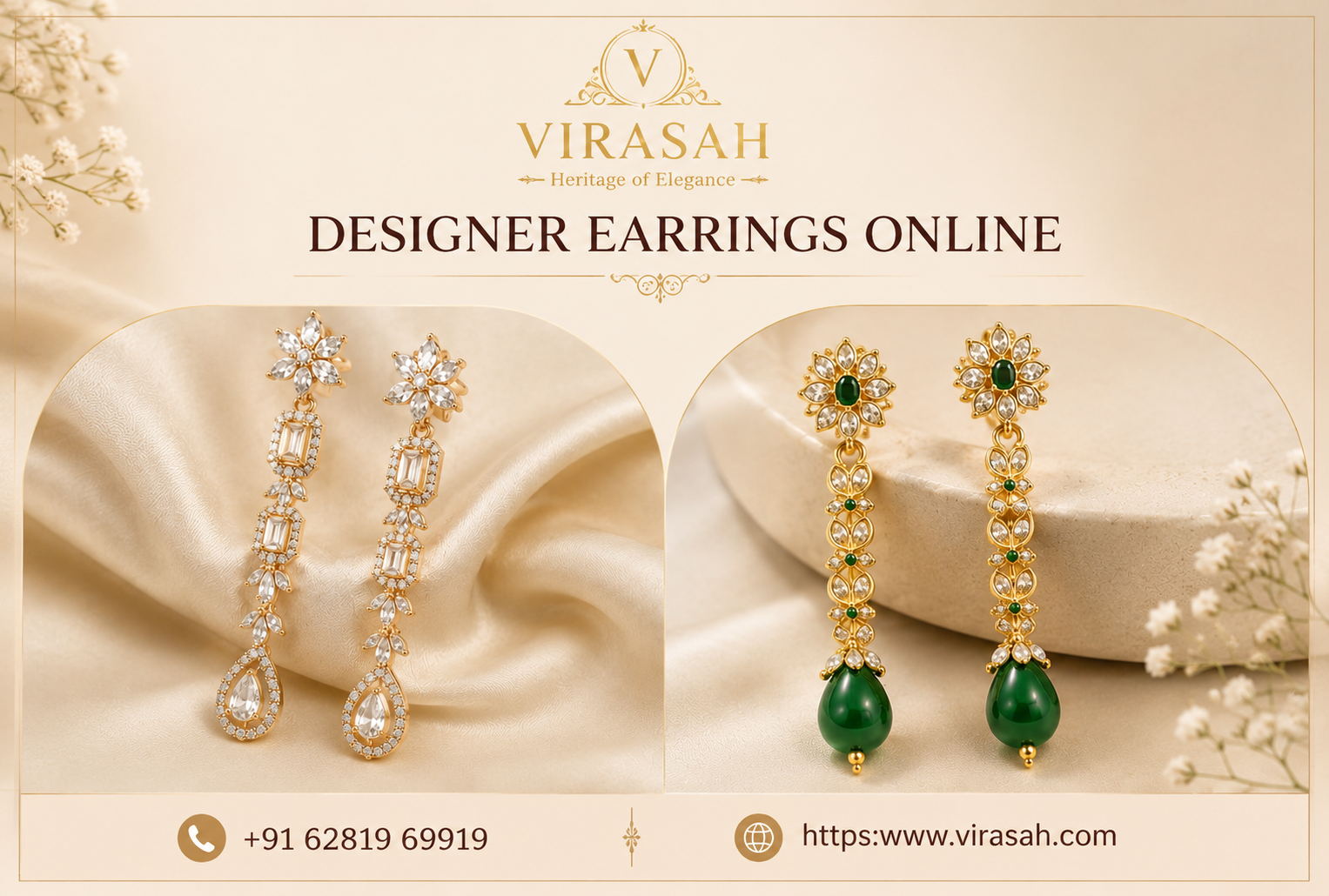 Designer earrings displayed for online jewellery shopping at Virasah