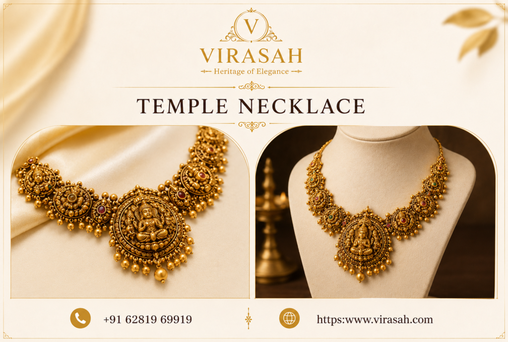 Elegant traditional temple necklace with Lakshmi pendant, pearls and antique gold finish for weddings and festive occasions