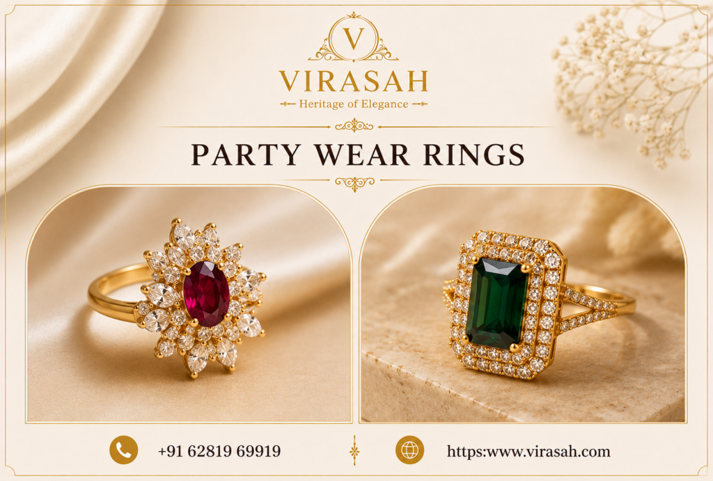 Premium party wear rings for women with elegant gold finish and colourful gemstone designs by Virasah