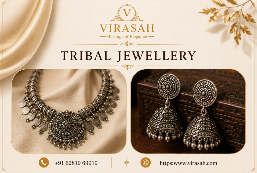 Tribal jewellery necklace and earrings featuring traditional oxidised designs by Virasah