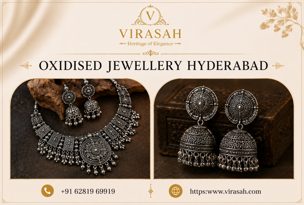 Oxidised jewellery Hyderabad necklace set and traditional jhumka earrings by Virasah