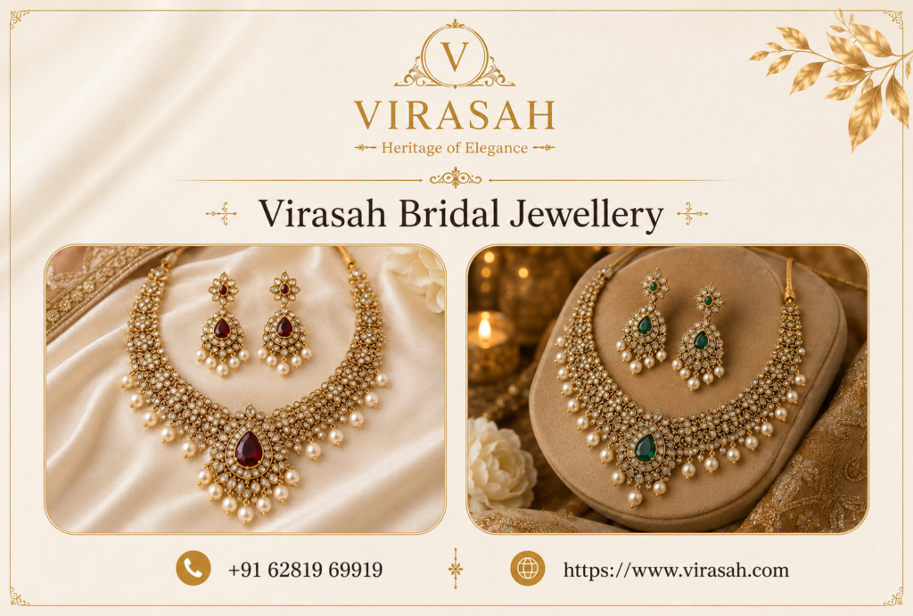 Virasah Bridal Jewellery collection featuring elegant necklace and earring designs for Indian brides