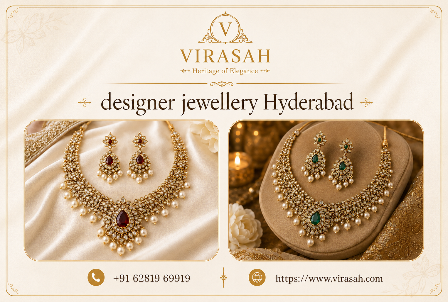 Designer jewellery Hyderabad collection by Virasah featuring elegant necklaces, earrings and occasion wear pieces