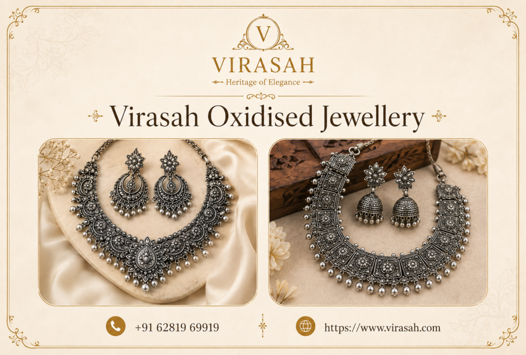 Virasah Oxidised Jewellery traditional necklace and matching earrings set