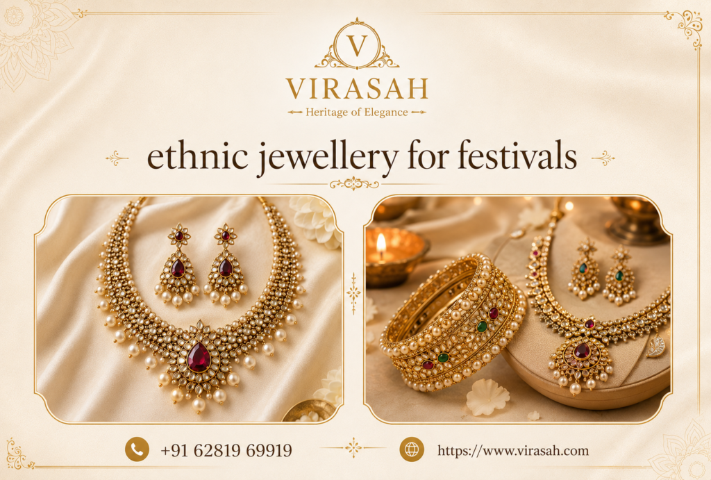 Ethnic jewellery for festivals featuring a traditional necklace, earrings and festive bangles