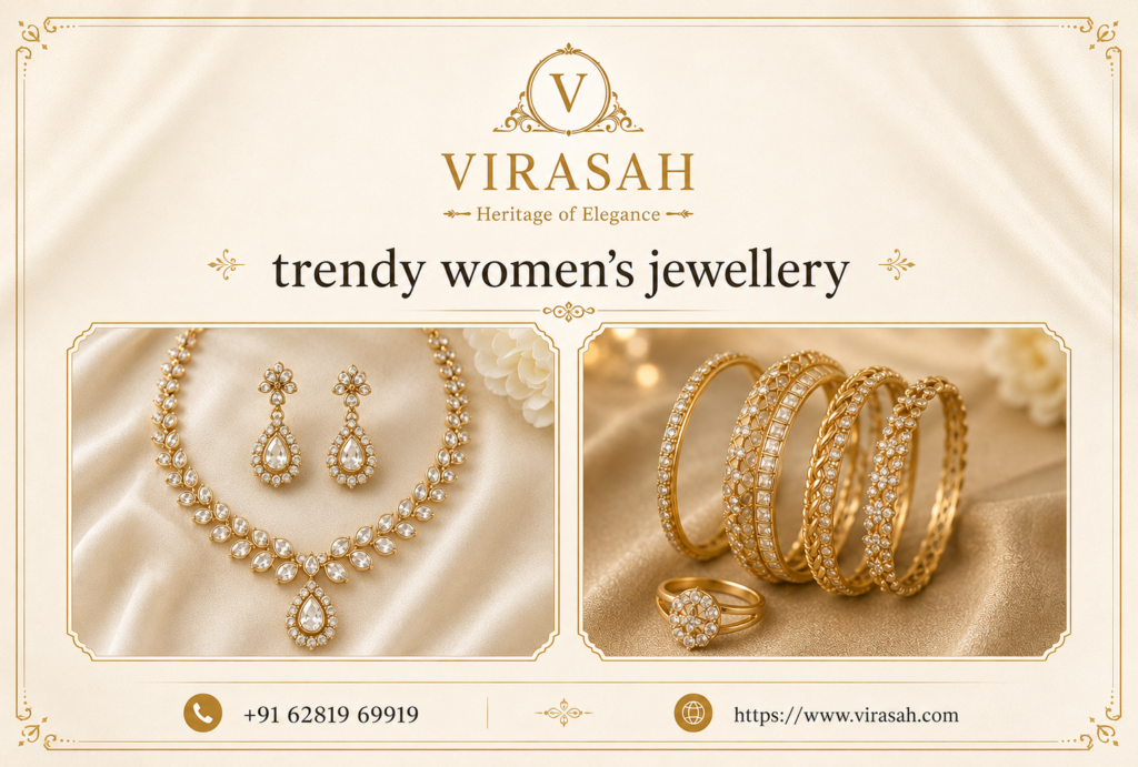 Trendy women's jewellery featuring stylish necklaces, earrings, bracelets and rings by Virasah