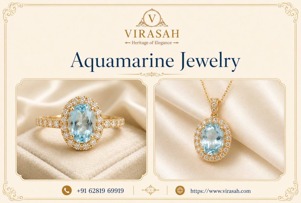 Elegant Aquamarine Jewelry featuring blue gemstone rings, earrings and necklaces