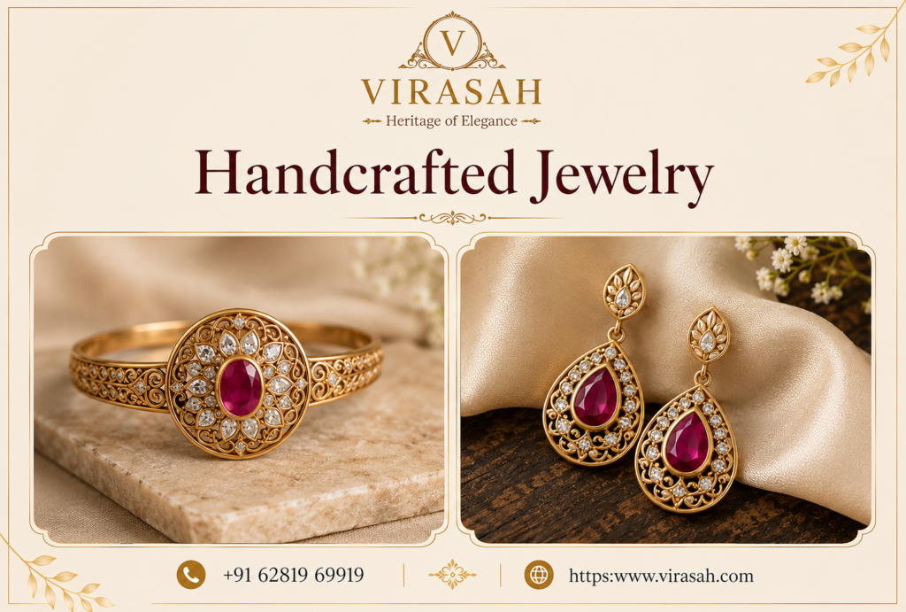 Handcrafted Jewelry compared with machine-made jewelry showing artisan craftsmanship and modern production