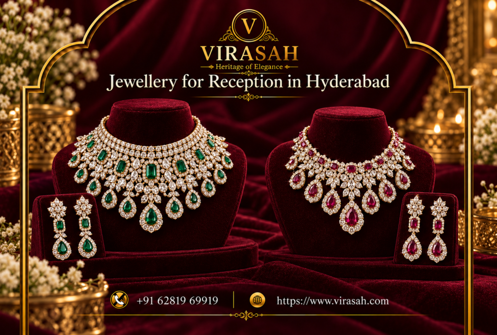Bride wearing elegant Jewellery for Reception in Hyderabad with diamonds and gemstones