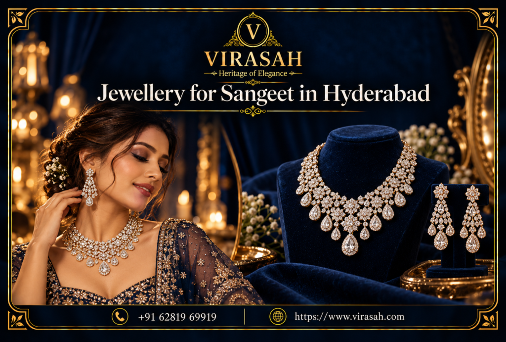 Jewellery for Sangeet in Hyderabad with stylish diamond and gemstone bridal jewellery ideas