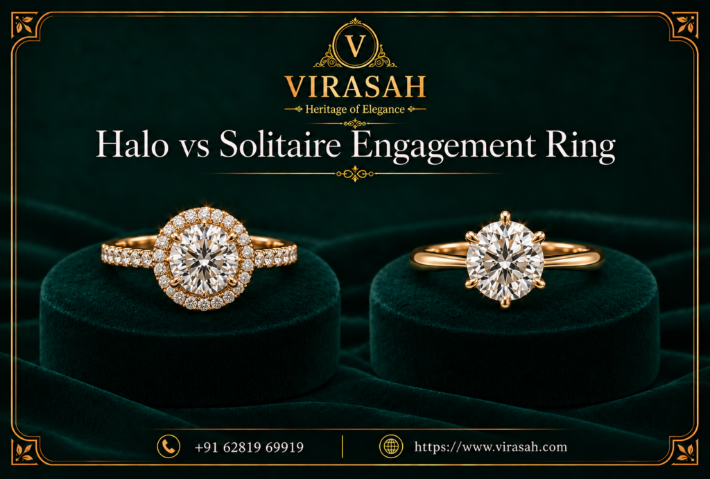 Halo vs Solitaire Engagement Ring comparison showing two elegant engagement ring styles