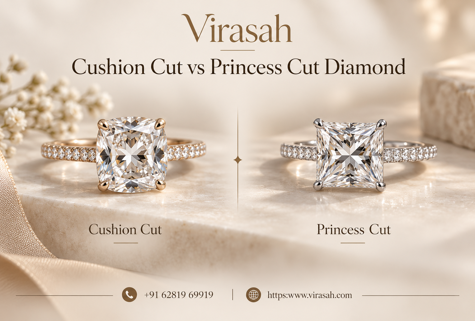 Cushion and princess cut diamond comparison for engagement rings