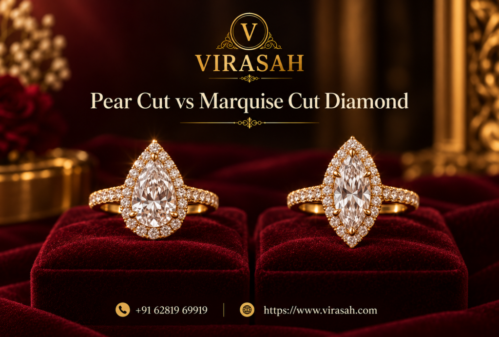 Pear cut vs marquise cut diamond comparison showing shape, brilliance, size, and style differences