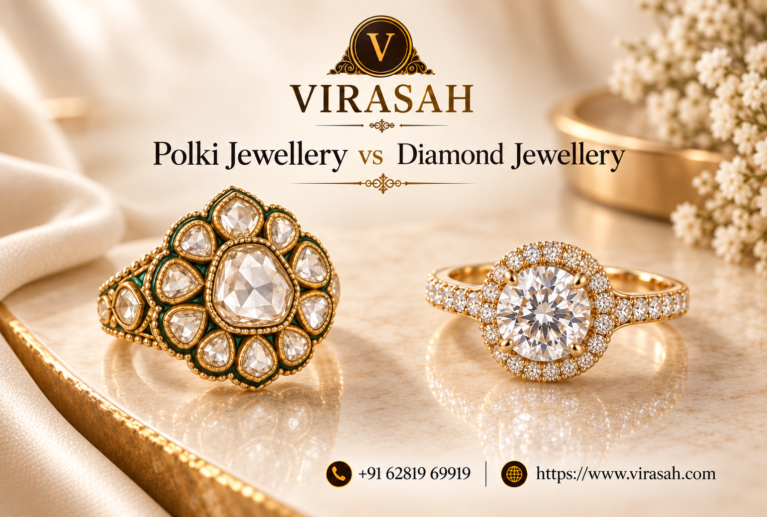 Traditional Polki necklace beside contemporary faceted diamond jewellery