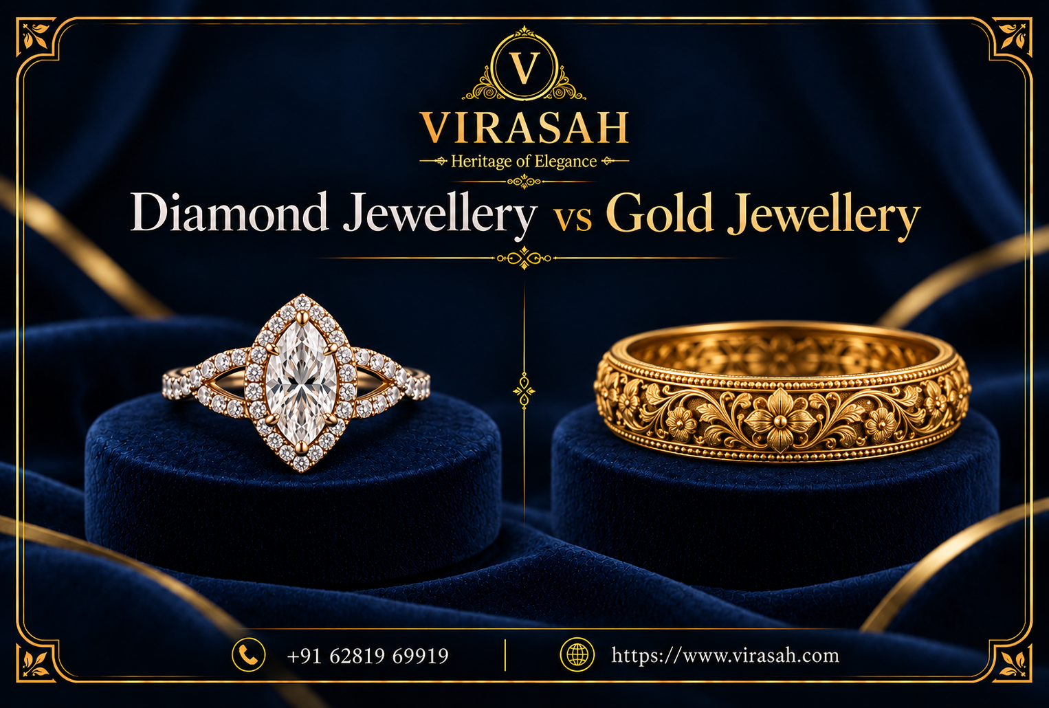 Diamond and gold wedding jewellery displayed side by side for a bridal comparison