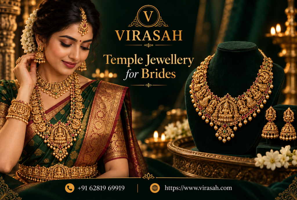 Temple Jewellery for Brides with traditional necklace, jhumkas and South Indian bridal jewellery designs