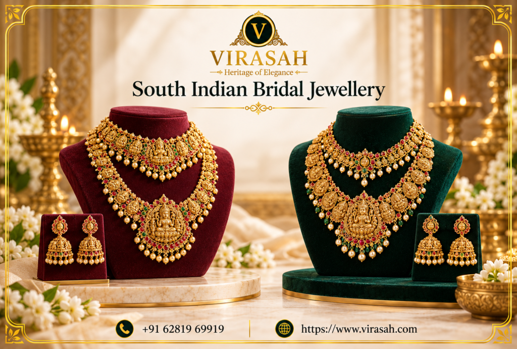 South Indian Bridal Jewellery with traditional necklace, earrings, bangles and bridal accessories