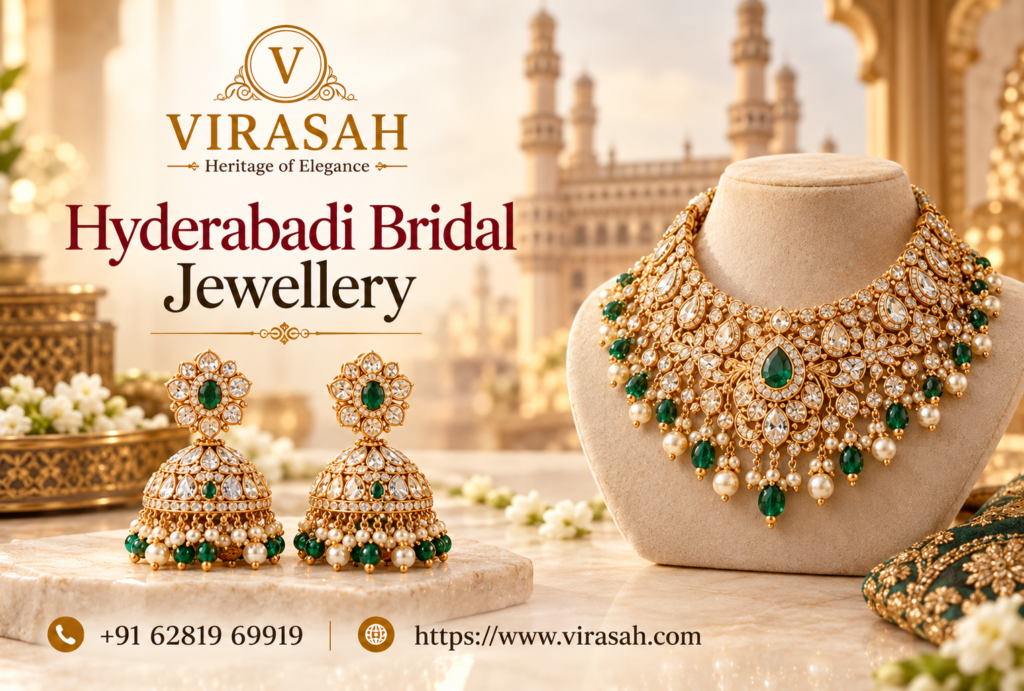 Traditional Hyderabadi Bridal Jewellery featuring Satlada Haar, pearl necklaces, chandbali earrings, jhoomar and elegant gold jewellery.