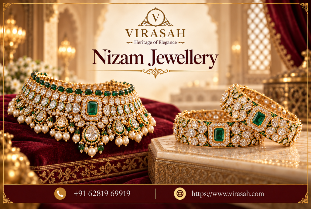Nizam Jewellery inspired traditional Hyderabadi bridal necklace featuring natural diamonds, emeralds, rubies and pearls