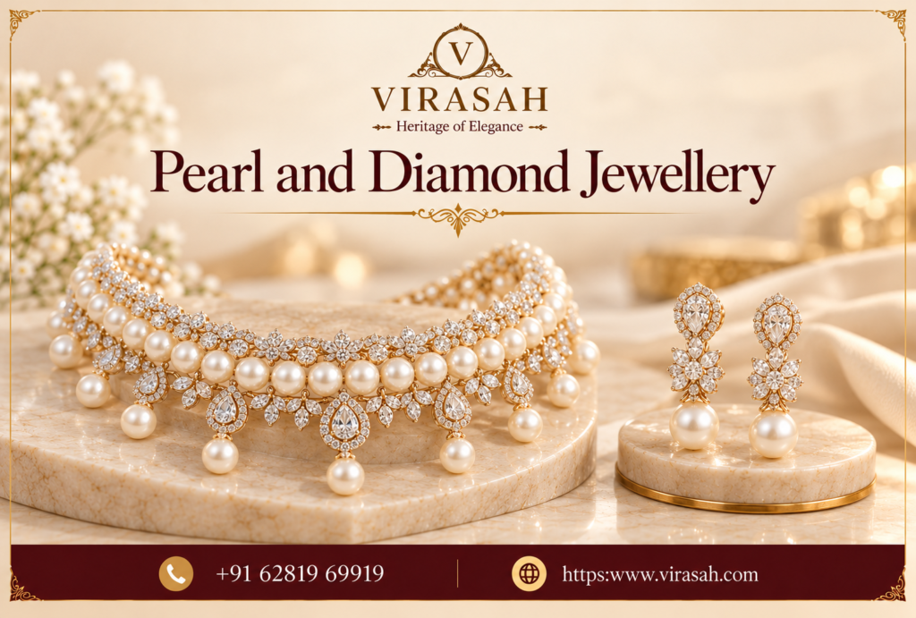 Elegant Pearl and Diamond Jewellery necklace and earrings for weddings and parties at Virasah