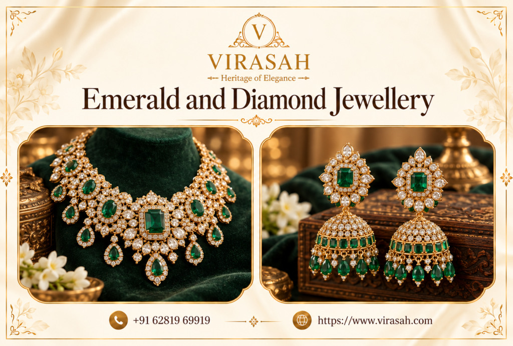 Elegant Emerald and Diamond Jewellery bridal necklace set with matching earrings for luxury Indian weddings