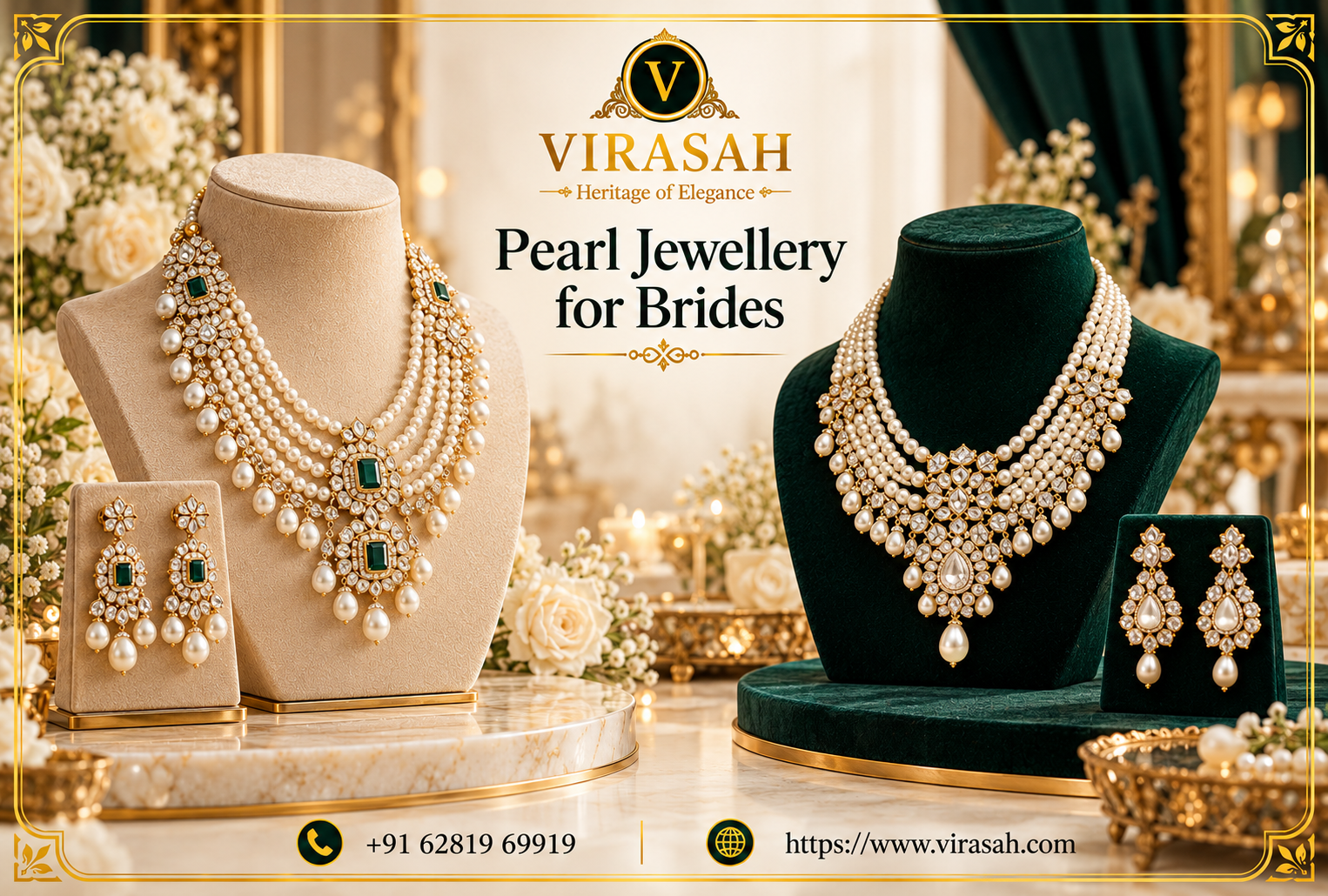 Pearl Jewellery for Brides featuring elegant pearl necklace, earrings and traditional Indian bridal styling