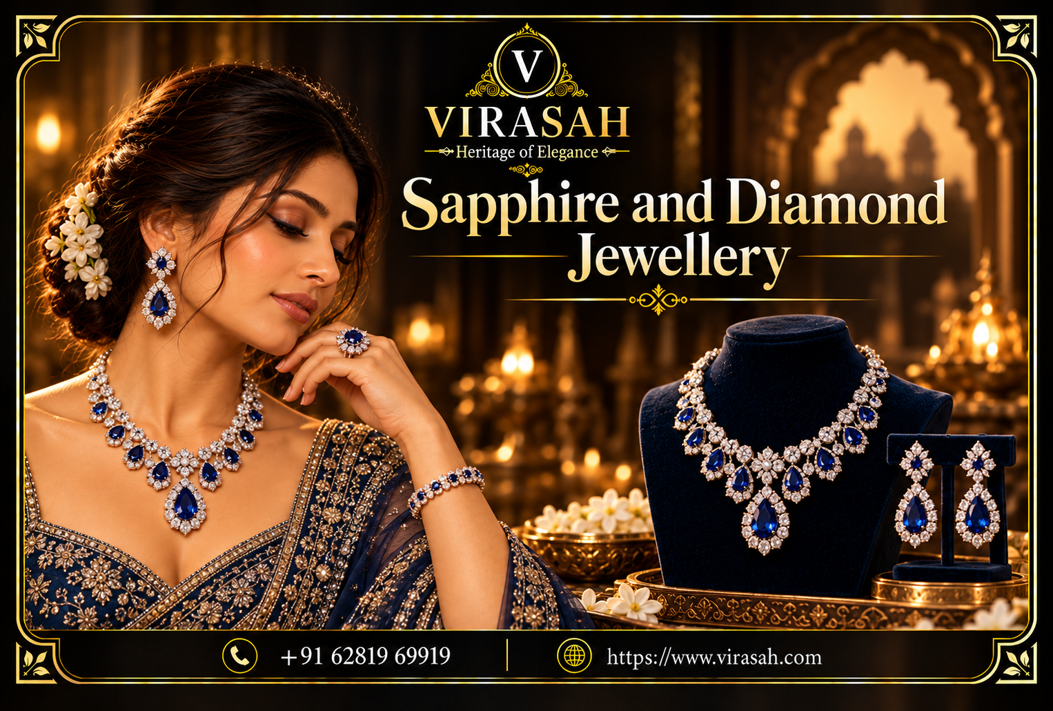 Elegant sapphire and diamond jewellery necklace and earrings for weddings and special occasions