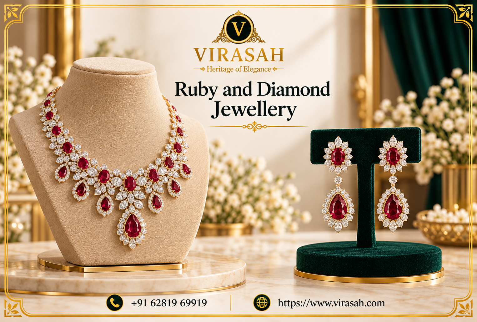 Elegant ruby and diamond jewellery necklace and earrings for Indian bridal and festive wear