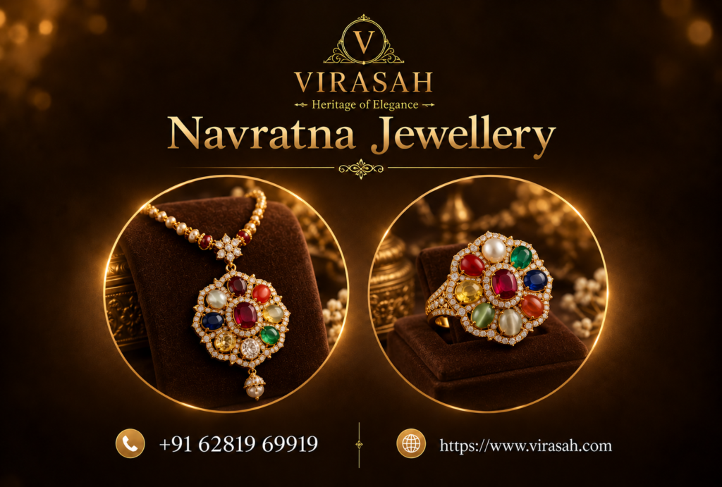 Elegant Navratna Jewellery featuring nine precious gemstones in a traditional gold setting