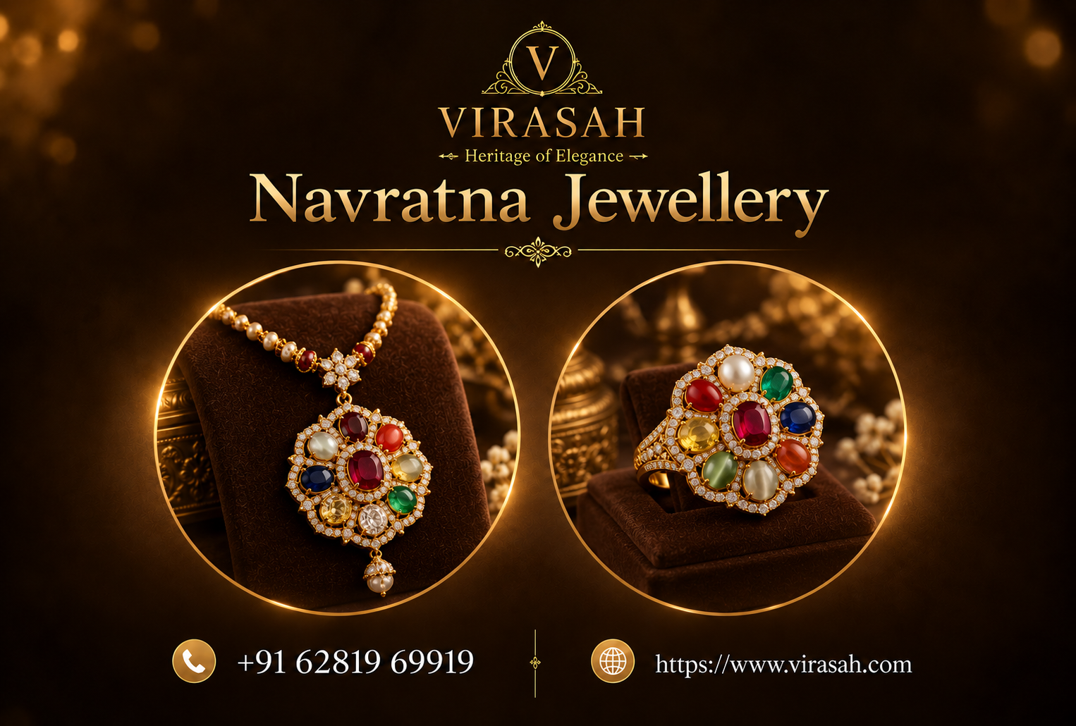 Navratna Jewellery featuring nine traditional gemstones in an elegant gold setting