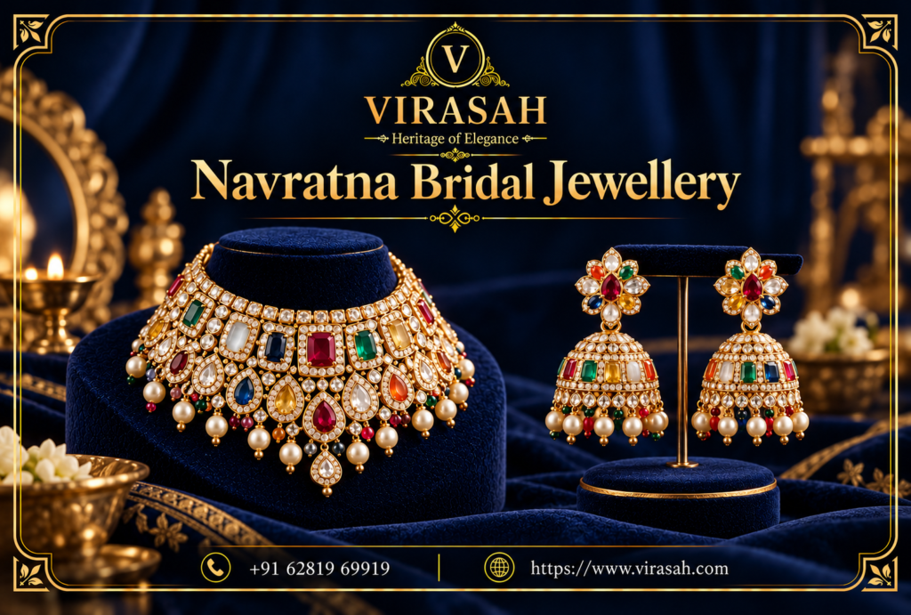 Elegant Navratna Bridal Jewellery necklace featuring nine colourful gemstones in a traditional gold setting for Indian brides.