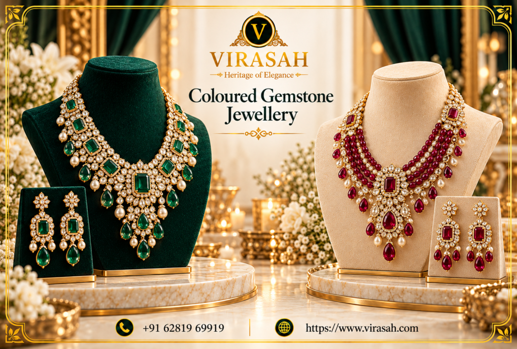 Coloured Gemstone Jewellery featuring elegant ruby, emerald and sapphire necklaces, earrings and rings