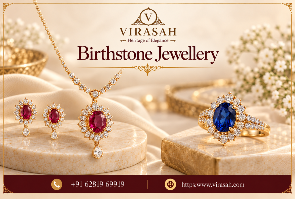 Beautiful Birthstone Jewellery collection featuring colourful gemstones for all twelve birth months, including ruby, emerald, sapphire, diamond, and amethyst.