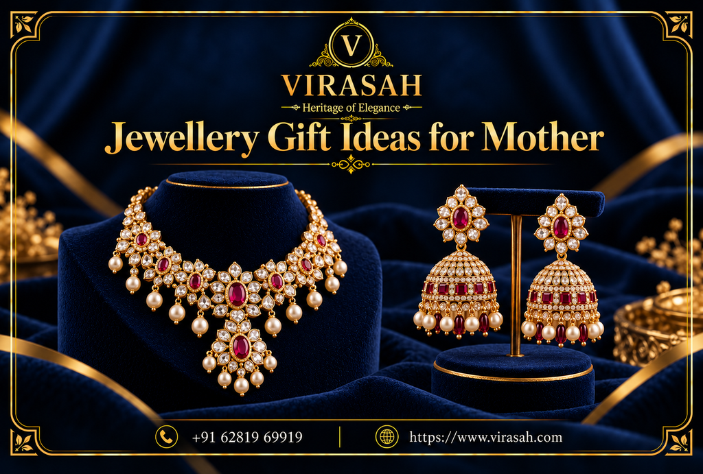 Elegant Jewellery Gift Ideas for Mother featuring beautiful gold necklaces, diamond earrings, ruby rings and gemstone jewellery
